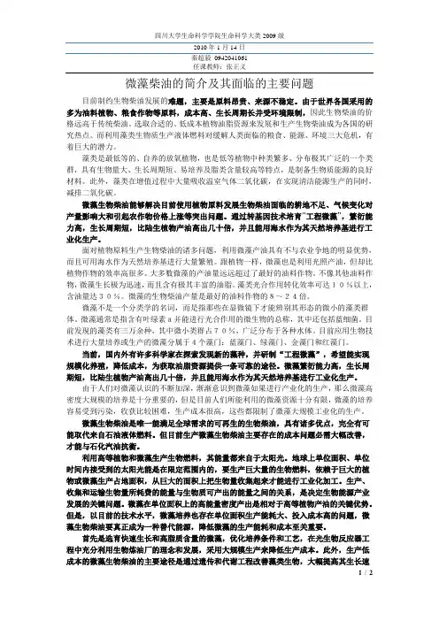 微藻柴油的简介及其面临的主要问题