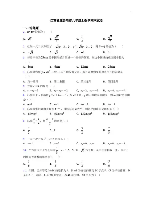 江苏省连云港市九年级上数学期末试卷