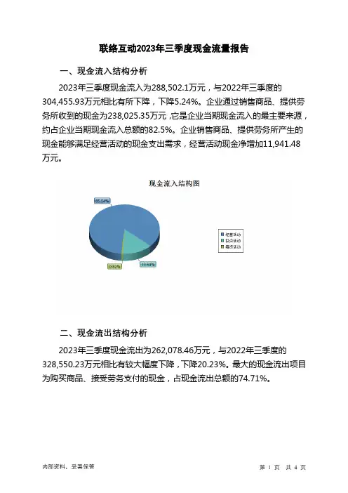 002280联络互动2023年三季度现金流量报告