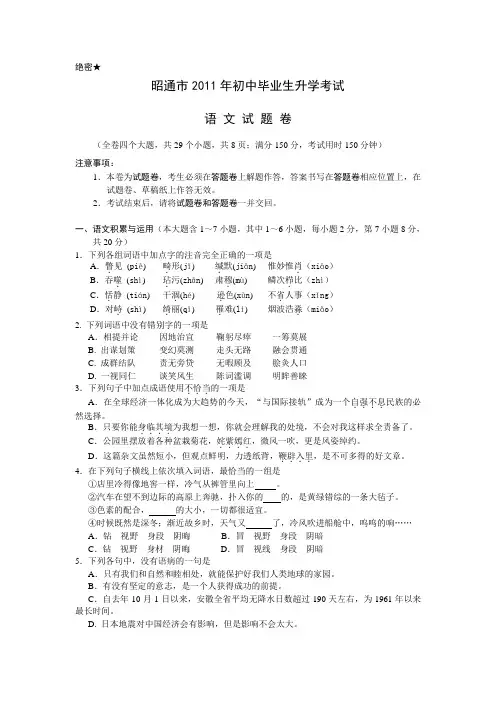 2011年云南省昭通市中考语文试卷及答案