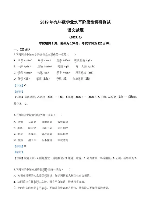 精品解析：山东省济南市南山区2019届九年级中考三模语文试题(解析版)
