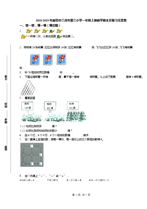 2018-2019年廊坊市三河市第三小学一年级上册数学期末总复习无答案