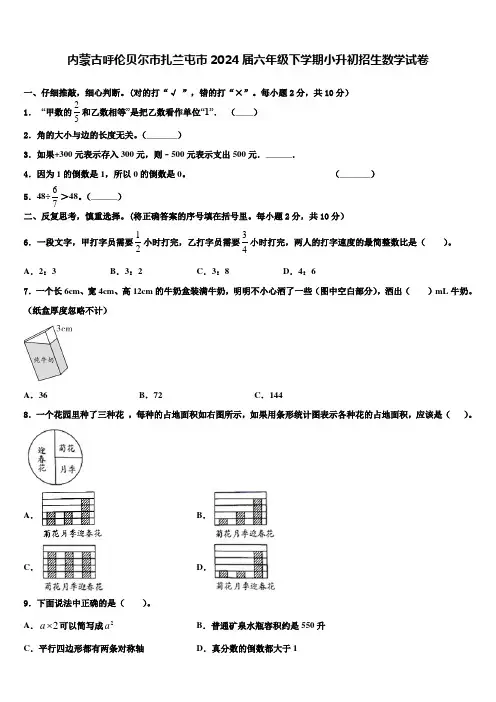 内蒙古呼伦贝尔市扎兰屯市2024届六年级下学期小升初招生数学试卷含解析