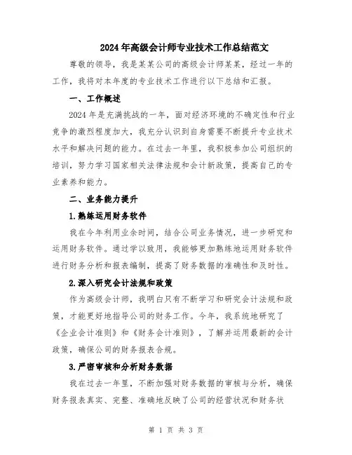 2024年高级会计师专业技术工作总结范文