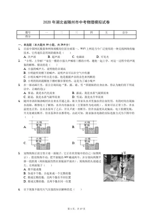 2020年湖北省随州市中考物理模拟试卷(有答案解析)