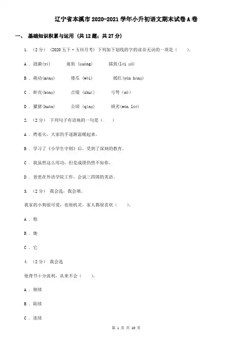 辽宁省本溪市2020-2021学年小升初语文期末试卷A卷