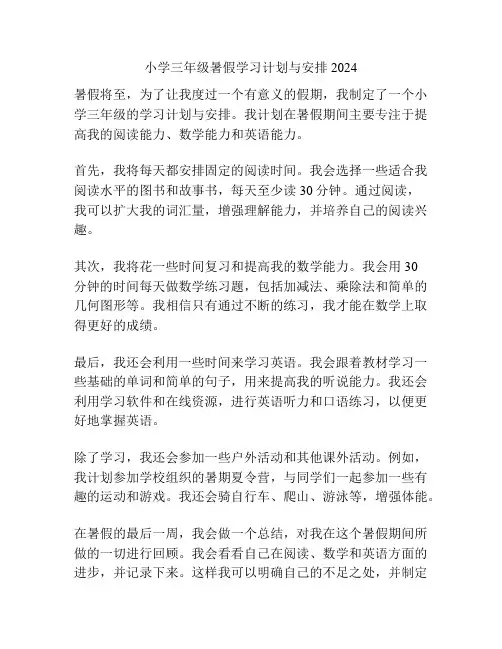 小学三年级暑假学习计划与安排2024