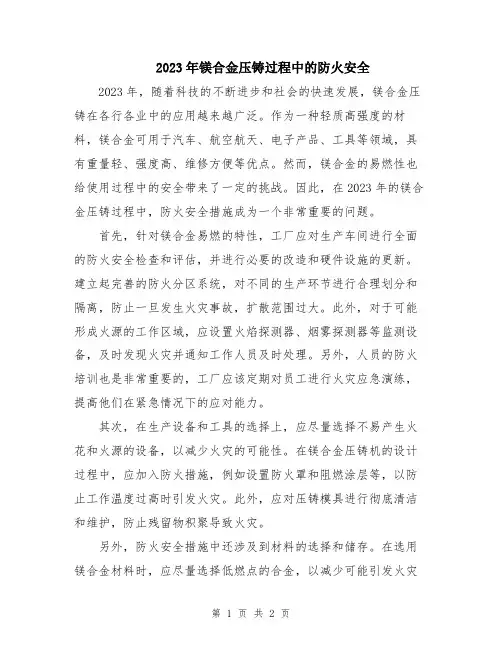 2023年镁合金压铸过程中的防火安全
