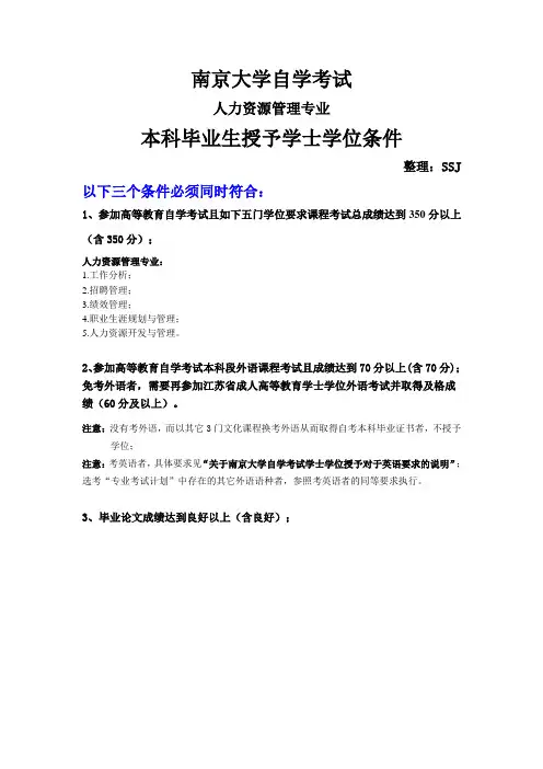 南大人力资源管理专业学士学位要求