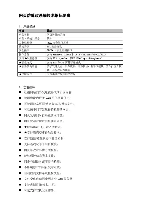 网页防篡改系统技术指标要求
