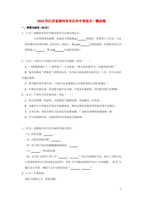 江苏省泰州市兴化市2024年中考语文一模试卷含解析