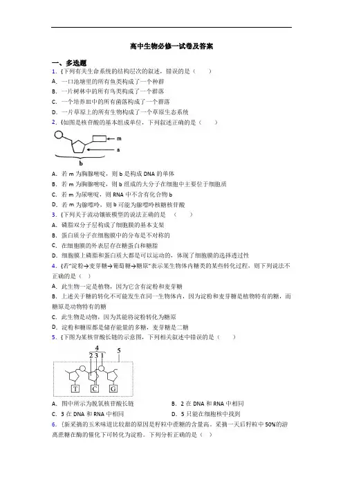 高中生物必修一试卷及答案