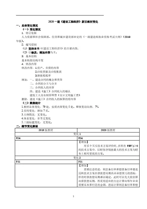 2020年一建经济教材与往年教材对比分析