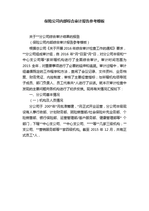 保险公司内部综合审计报告参考模板