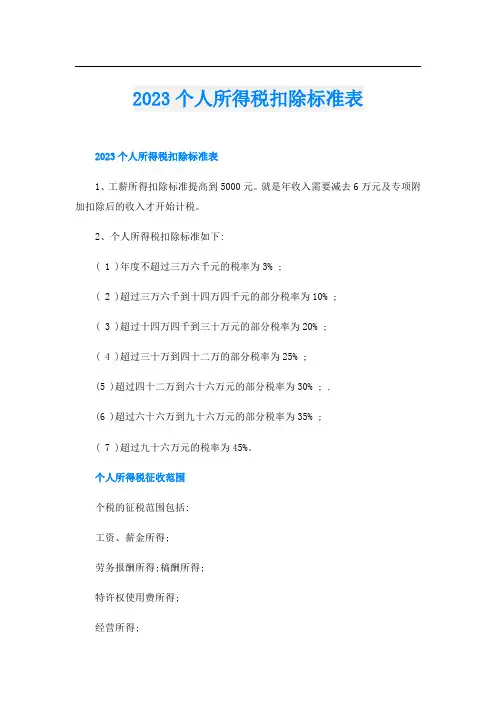 2023个人所得税扣除标准表