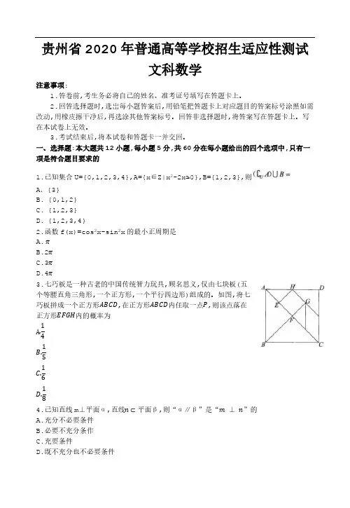 贵州省2020届高三4月适应性考试 文科数学(含答案)