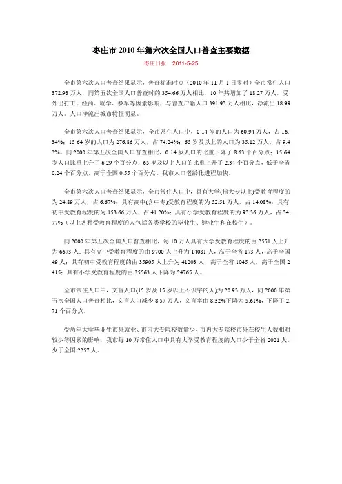 1504-山东省枣庄市2010年第六次全国人口普查主要数据