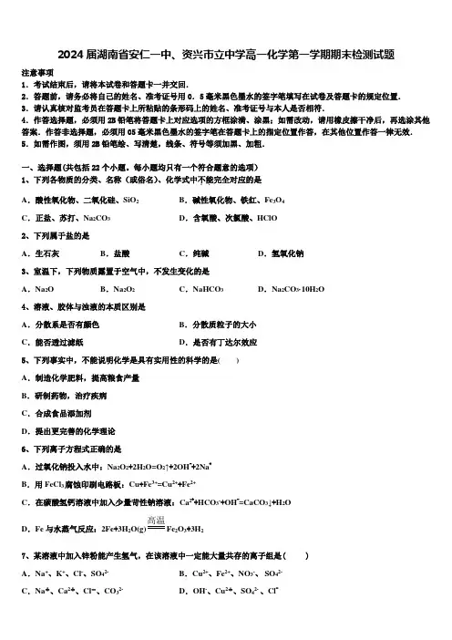 2024届湖南省安仁一中、资兴市立中学高一化学第一学期期末检测试题含解析
