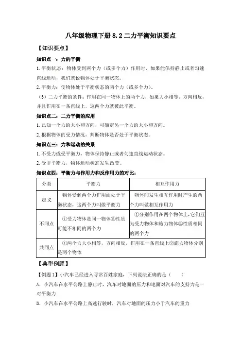 八年级物理下册8.2 二力平衡知识要点与同步练习
