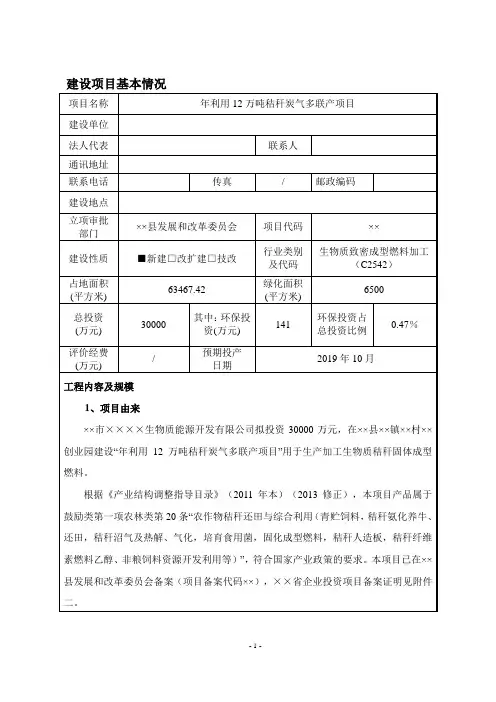 年利用12万吨秸秆炭气多联产项目建设项目环境影响报告表