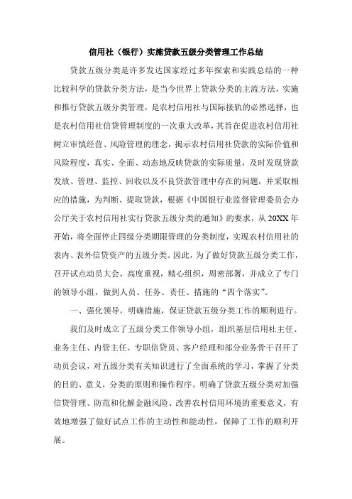 信用社(银行)实施贷款五级分类管理工作总结