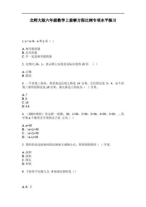 北师大版六年级数学上册解方程比例专项水平练习