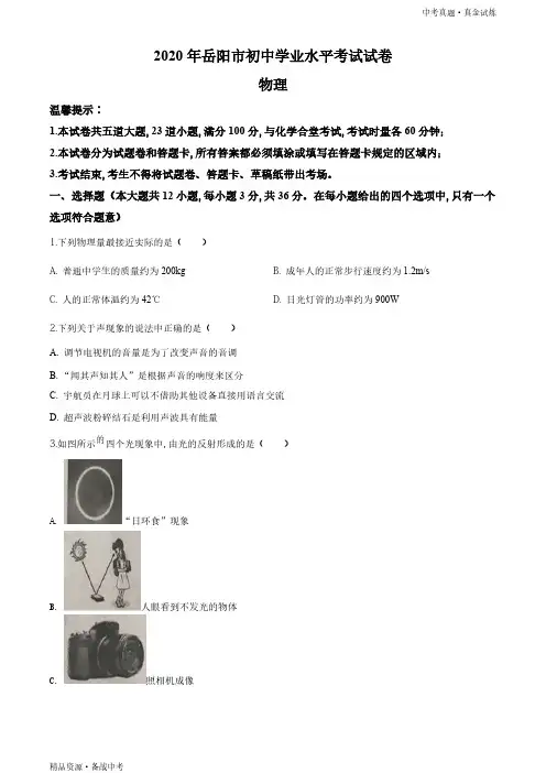 2020年湖南岳阳市【物理真题】初中学业水平考试试题(学生版)高清 