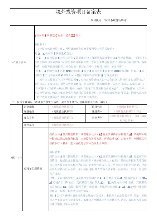 境外投资项目备案表