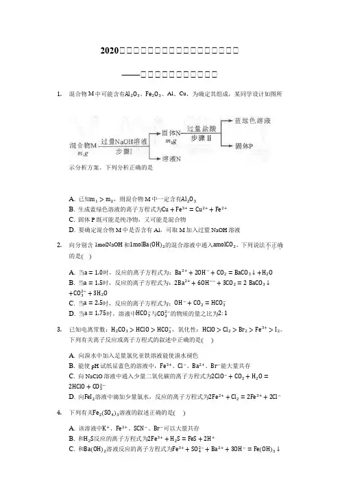 2020届高三化学二轮复习常考题型提升训练——离子方程式书写选择强化