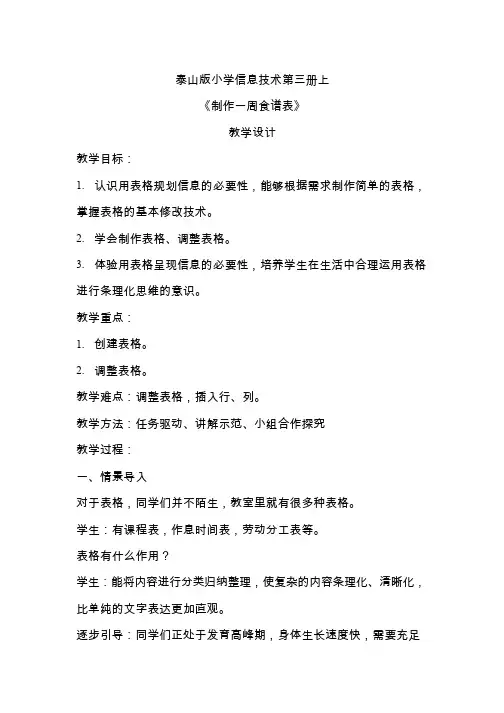 【教学设计】《制作一周食谱表》_信息技术_小学(公开课、研标课、优质课教案)