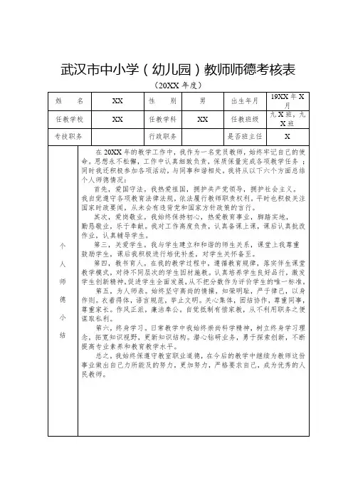 中小学教师师德考核表 模板