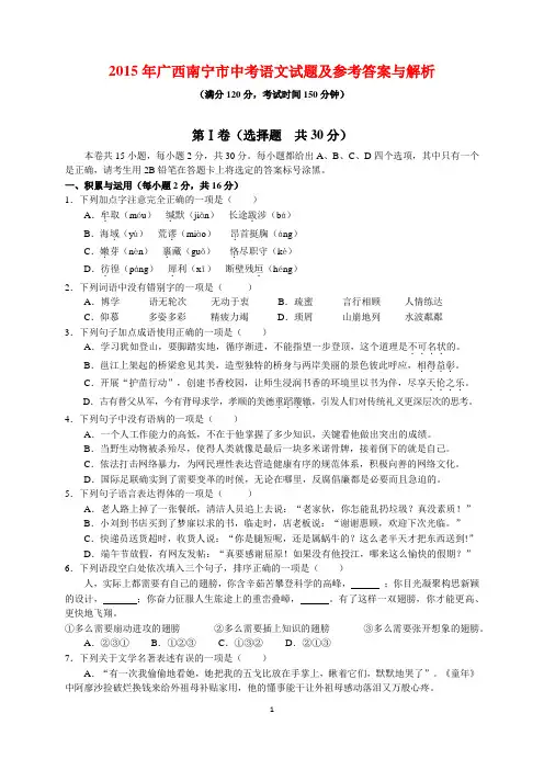 2015年广西南宁市中考语文试题及参考答案(word解析版)