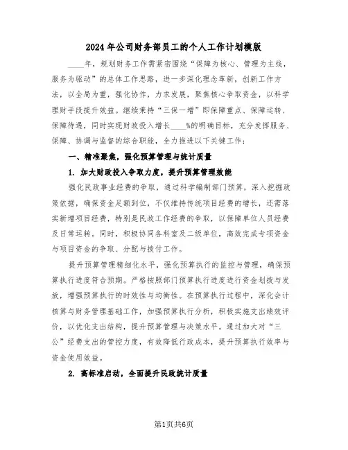 2024年公司财务部员工的个人工作计划模版（三篇）