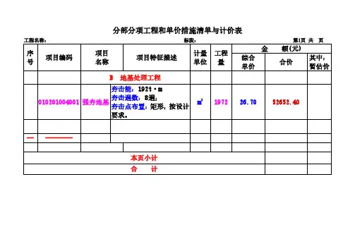 例题2 强夯地基分部分项工程量清单与计价表(含综合单价分析表)