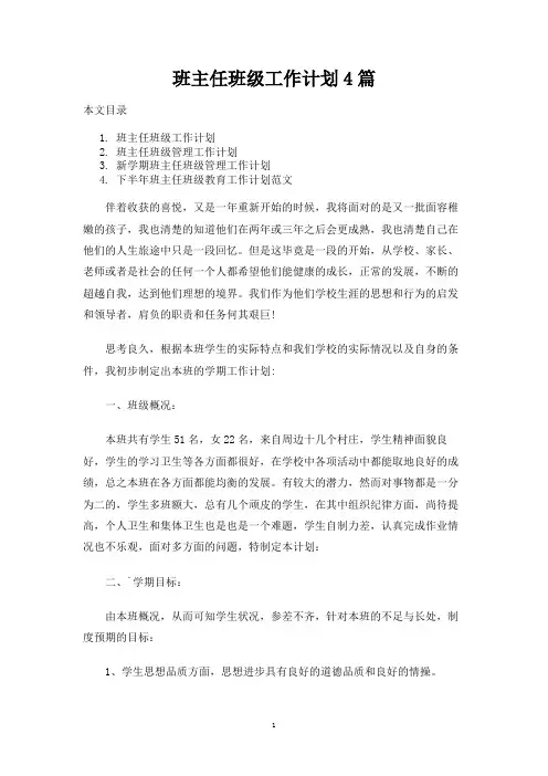 班主任班级工作计划4篇