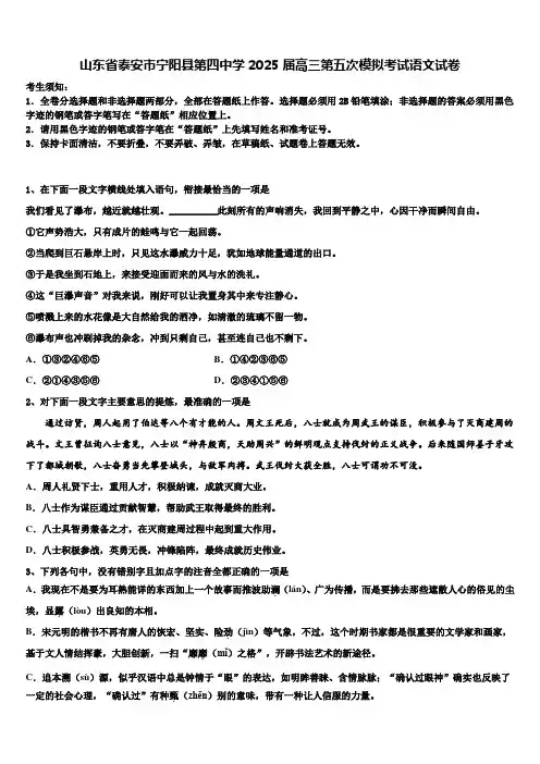 山东省泰安市宁阳县第四中学2025届高三第五次模拟考试语文试卷含解析