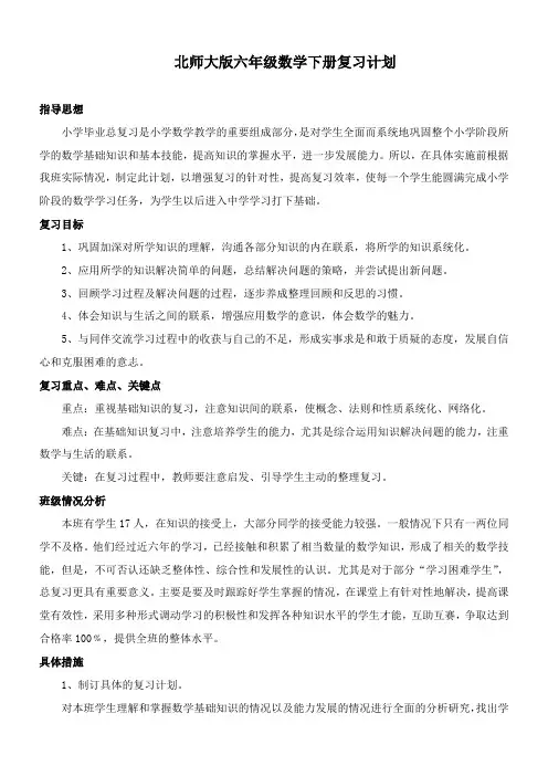 北师大版六年级数学总复习计划