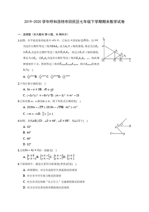 2019-2020学年呼和浩特市回民区七年级下学期期末数学试卷(含答案解析)