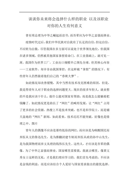 谈谈你未来将会选择什么样的职业 以及该职业对你的人生有何意义