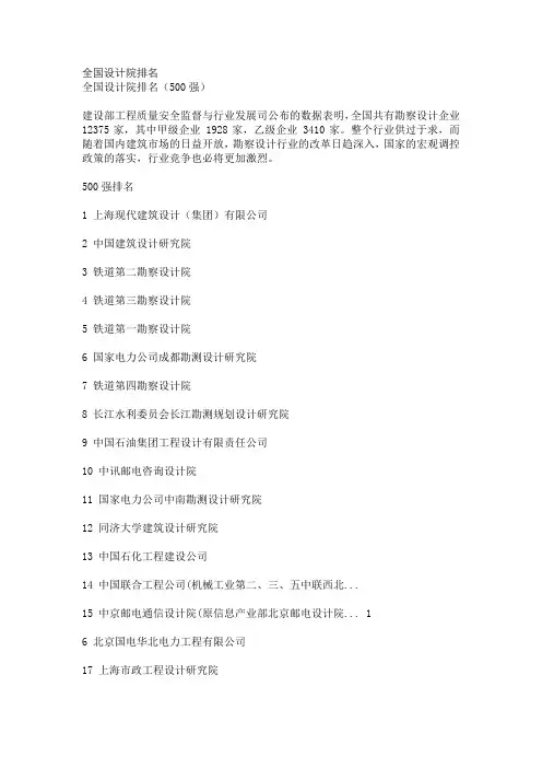 全国设计院排名500强及铁道部几个铁道勘察设计院简介