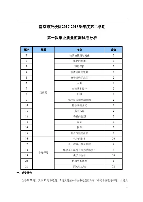 2017-2018学年度鼓楼区化学一模试卷分析
