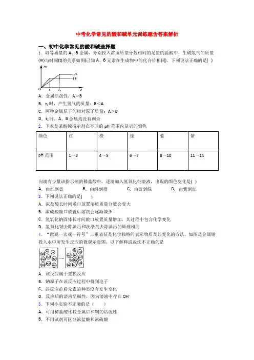 中考化学常见的酸和碱单元训练题含答案解析