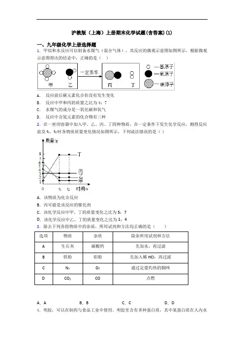 沪教版(上海)初三化学上册期末化学试题(含答案)(1)