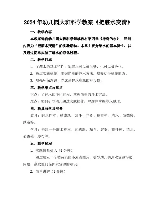 2024年幼儿园大班科学教案《把脏水变清》