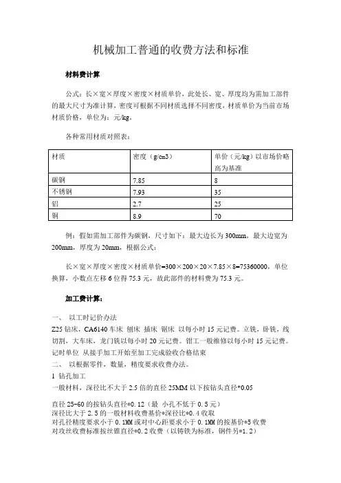机械加工普通的收费方法和标准