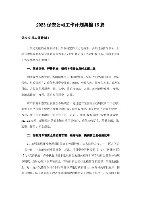 2023保安公司工作计划集锦15篇