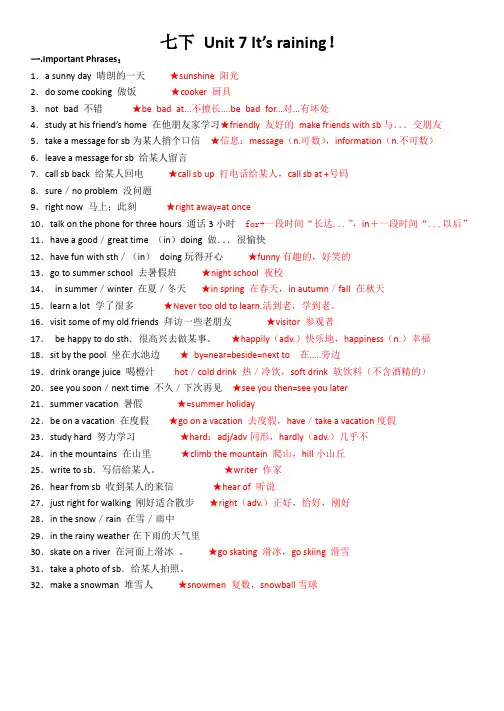 人教版七年级下册英语Unit-7-It's-raining!知识点总结