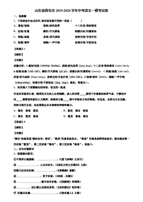 山东省青岛市2019-2020学年中考语文一模考试卷含解析