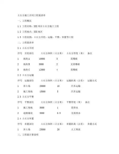土石方施工合同工程量清单