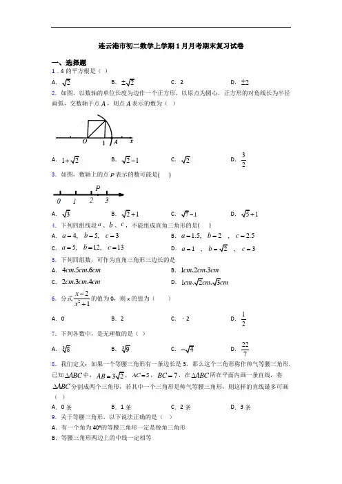 连云港市初二数学上学期1月月考期末复习试卷